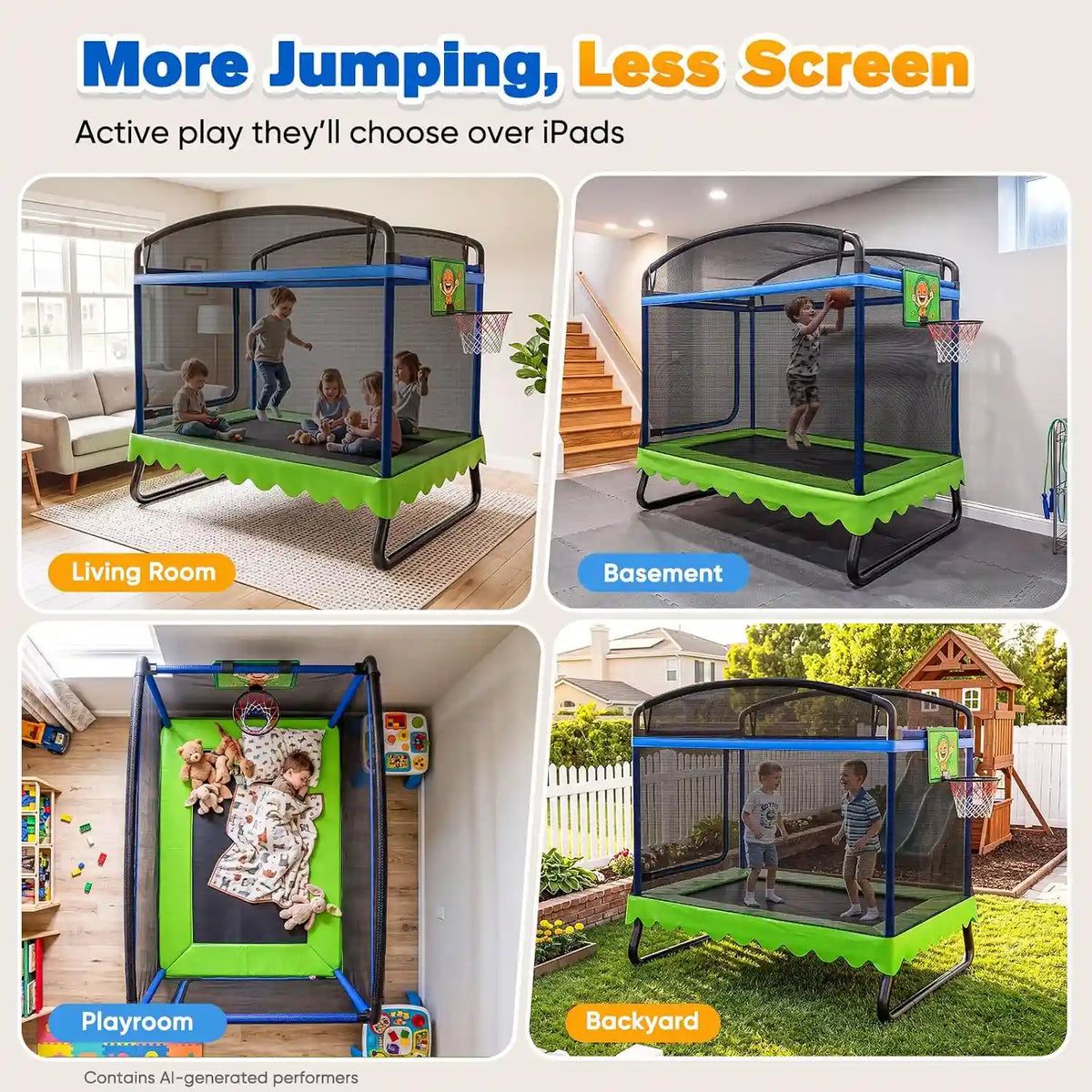 Zupapa 4 * 6FT Rectangle Kids Trampoline with Safety Enclosure Net, Basketball Hoop, Heavy-Duty Double Layer Frame, Indoor/Outdoor Square Trampoline for Toddlers Ages 3-6, 220LBS Capacity