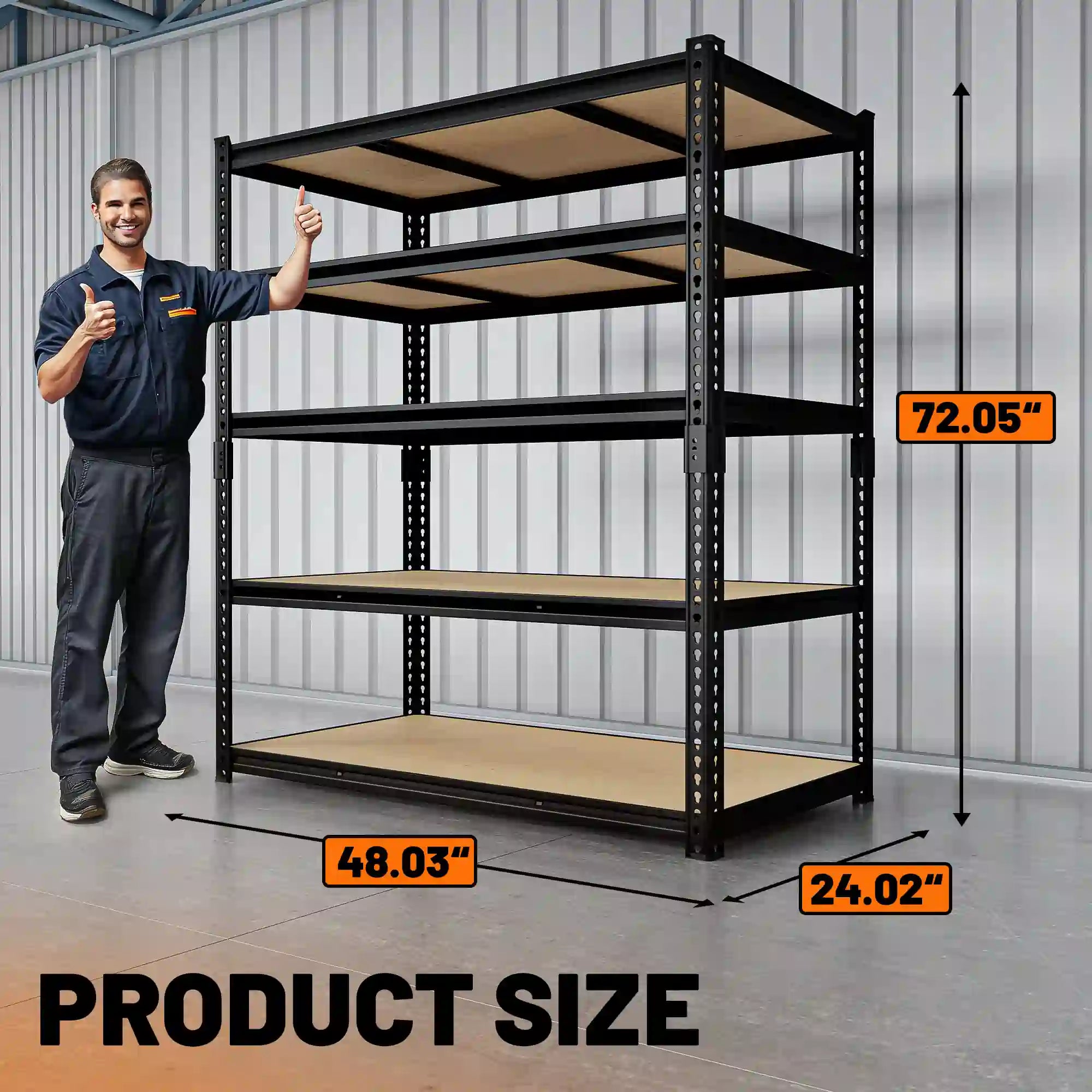 large black metal shelving dimensions#size_72"H*24"D*48"W