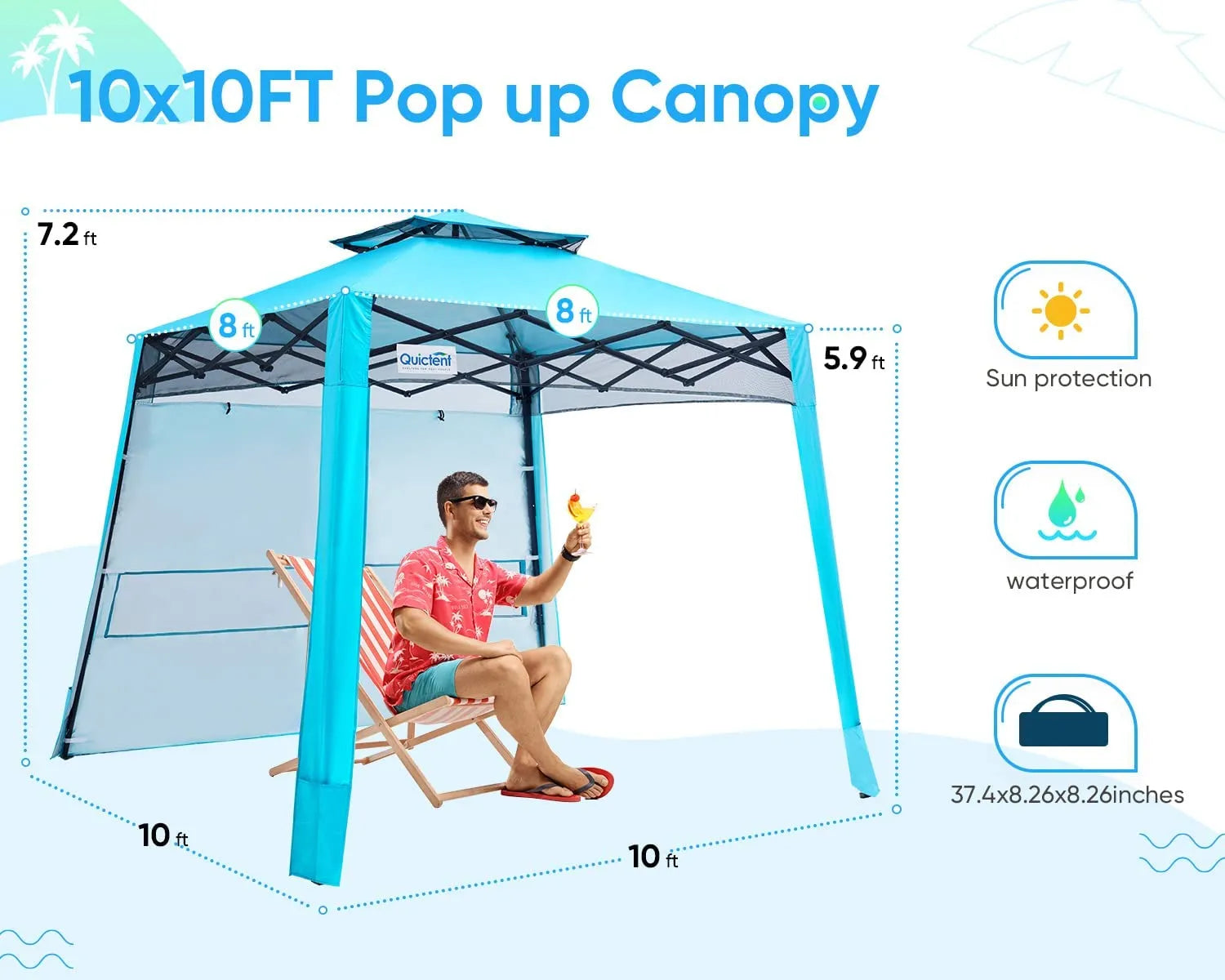 10x10 Compact Portable Popup Canopy Size#color_Blue w/ 1 Sidewall