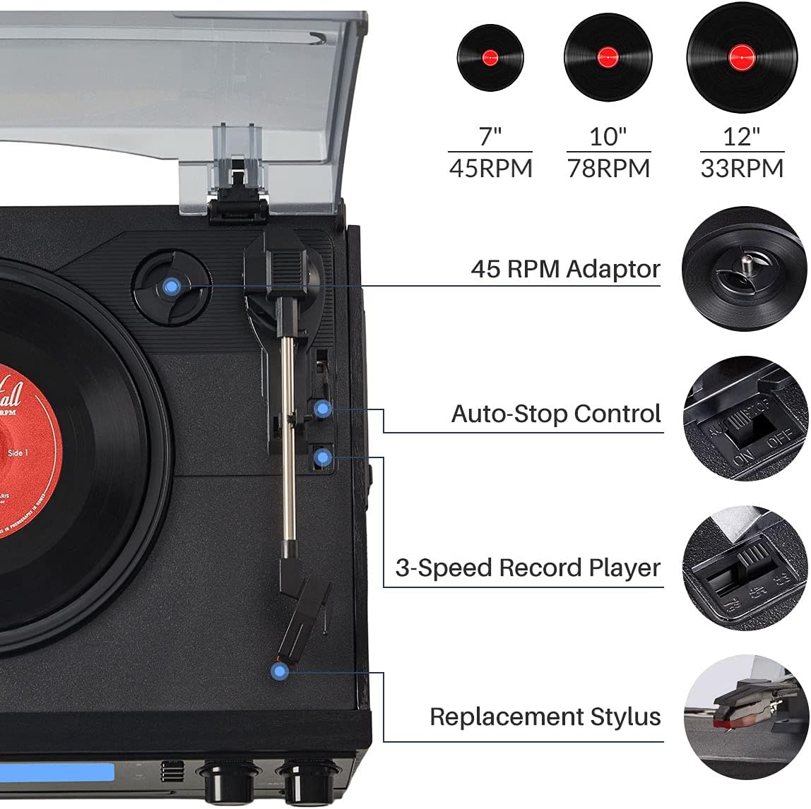 45 RPM adapter supports 33/45/78 RPM speeds in 7”/10”/12” sizes#color_black