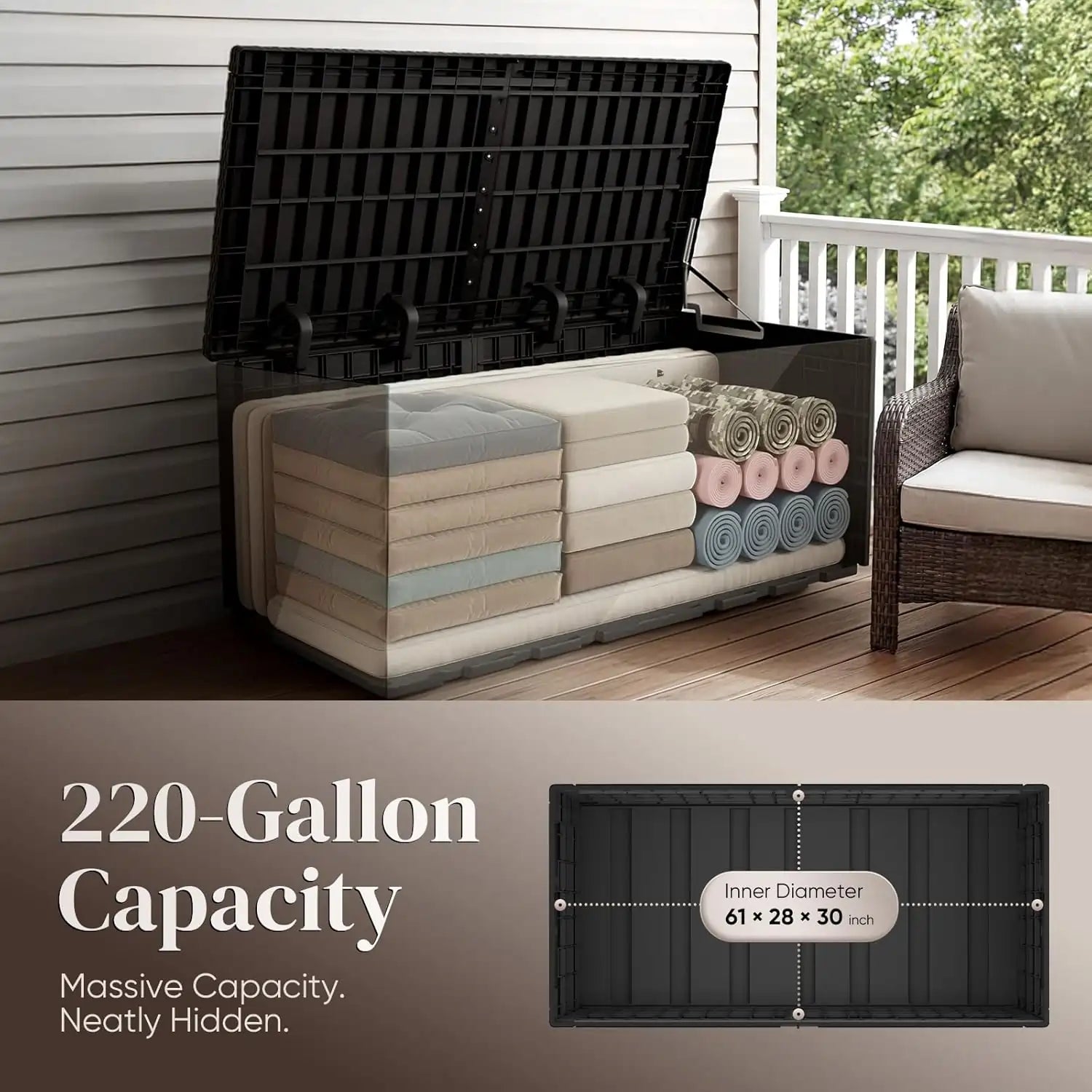 Outdoor storage bench with black lid#size_220 Gallon