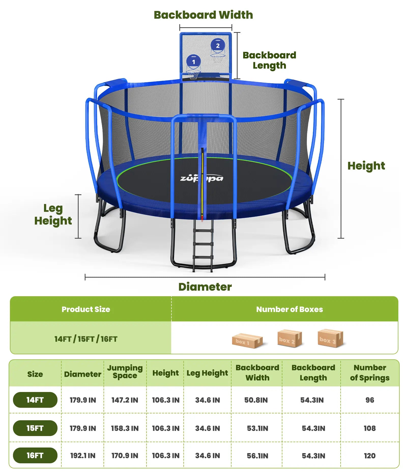 1500LBS Upgraded Trampoline 10-16FT
