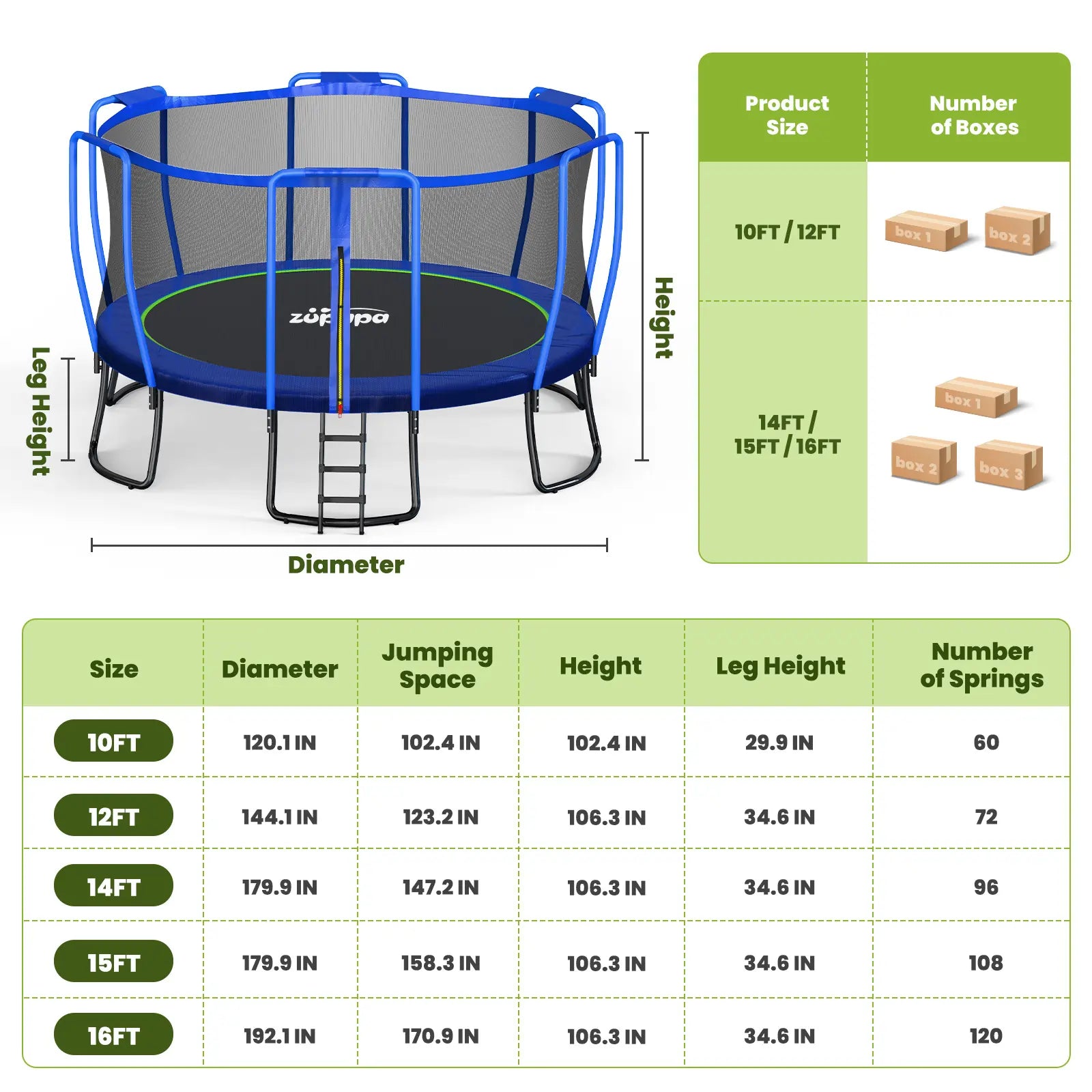 1500LBS Upgraded Trampoline 10-16FT