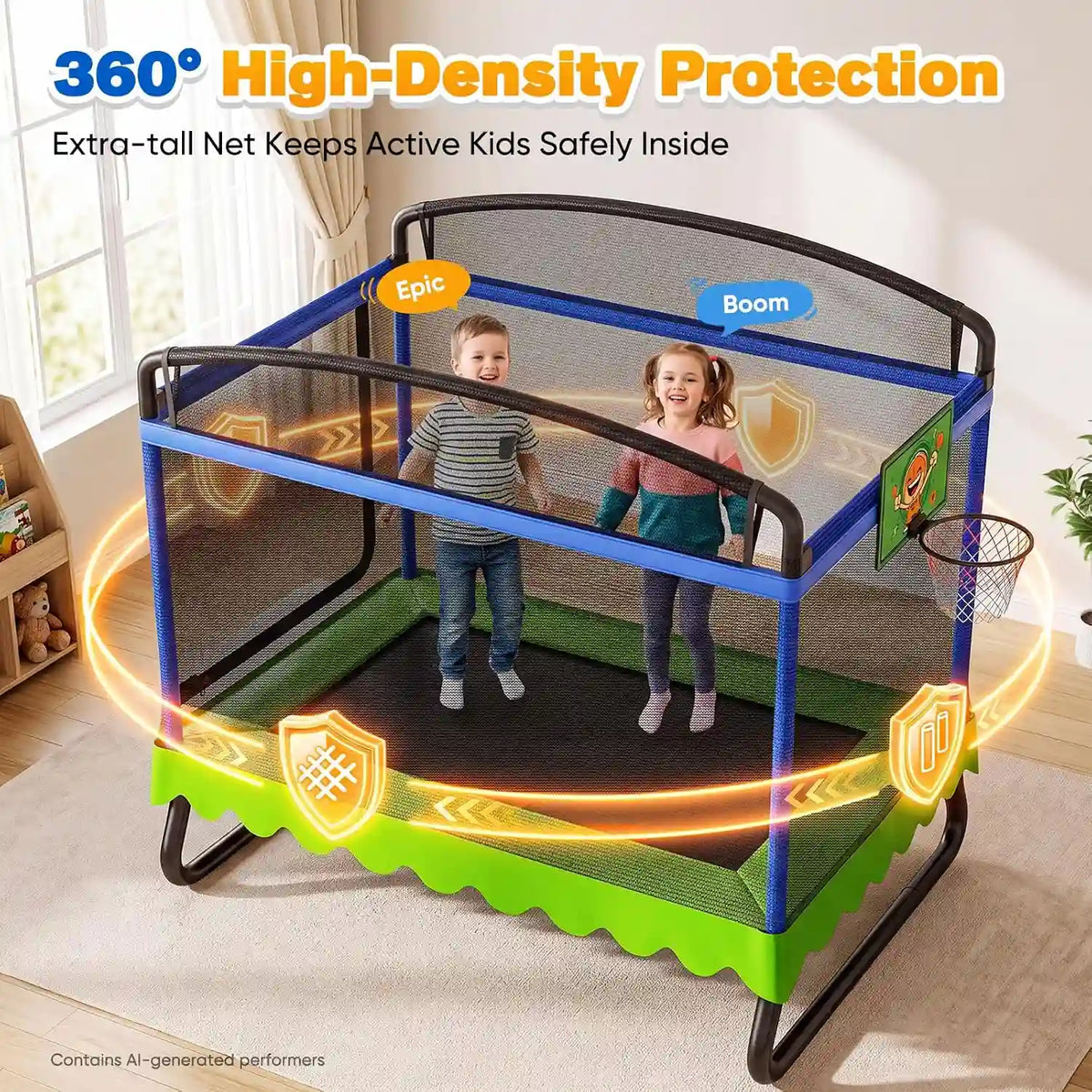 Zupapa 4 * 6FT Rectangle Kids Trampoline with Safety Enclosure Net, Basketball Hoop, Heavy-Duty Double Layer Frame, Indoor/Outdoor Square Trampoline for Toddlers Ages 3-6, 220LBS Capacity