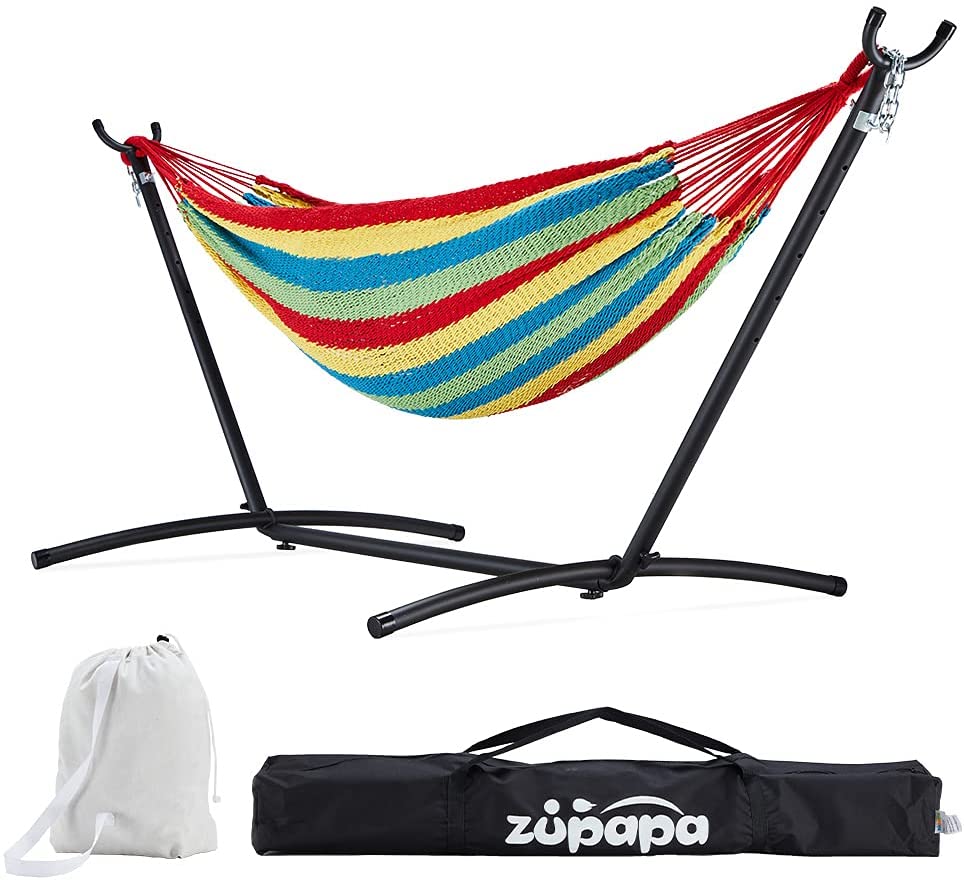 【FREE GIFT】10 FT Color Striped Double Hammock with Stand (Best Zupapa Free Standing Hammock)