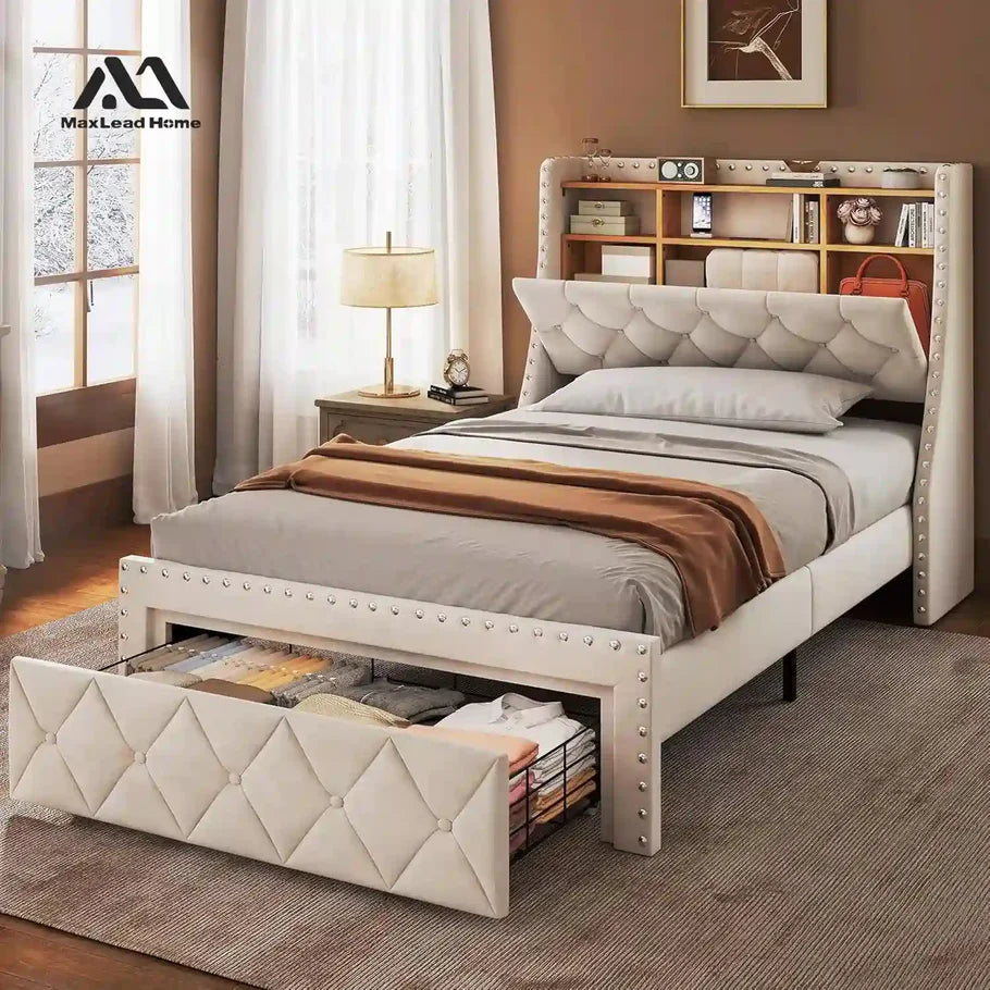 Heavy Duty TWIN Size Bed Frame with Storage and Upholstered Headboard