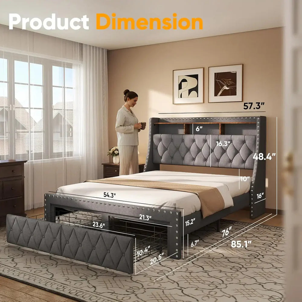Heavy Duty Full Size Bed Frame with Storage and Upholstered Headboard