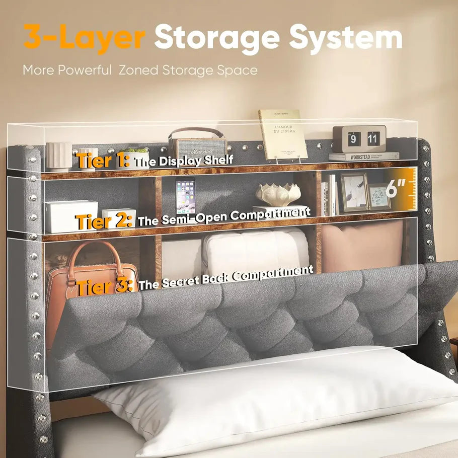 Heavy Duty Full Size Bed Frame with Storage and Upholstered Headboard