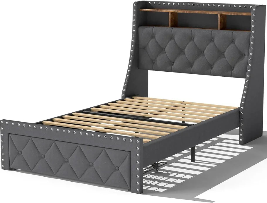 Heavy Duty Full Size Bed Frame with Storage and Upholstered Headboard