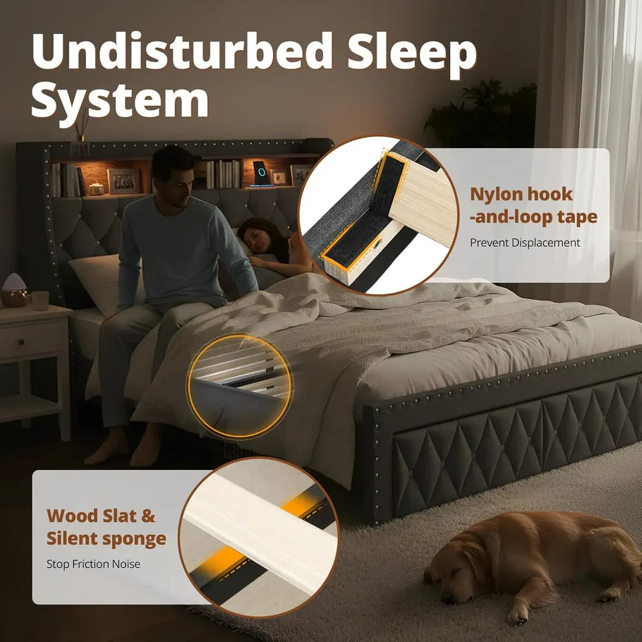 Heavy Duty Full Size Bed Frame with Storage and Upholstered Headboard