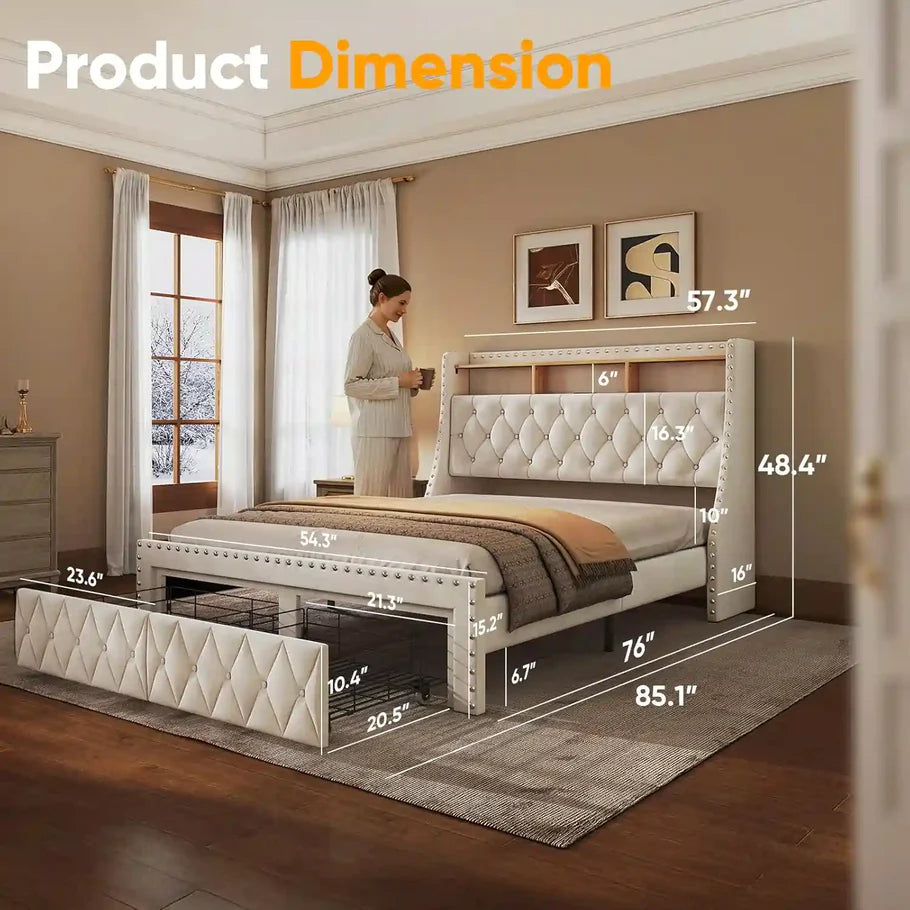 Heavy Duty Full Size Bed Frame with Storage and Upholstered Headboard