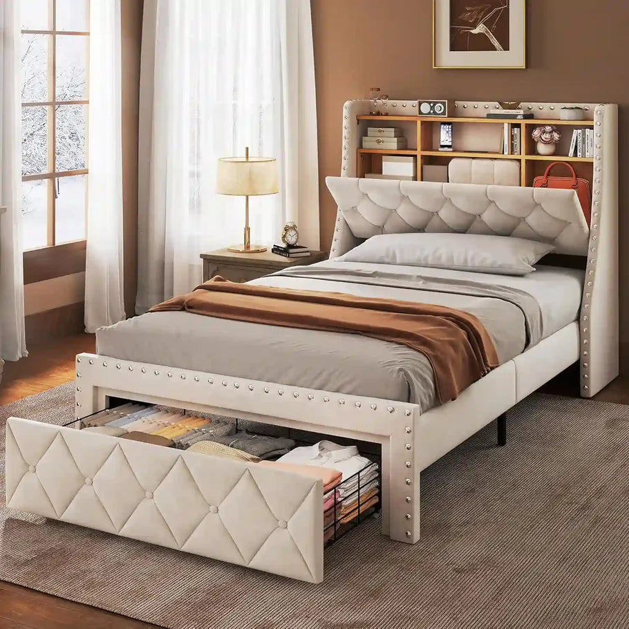 Heavy Duty Full Size Bed Frame with Storage and Upholstered Headboard