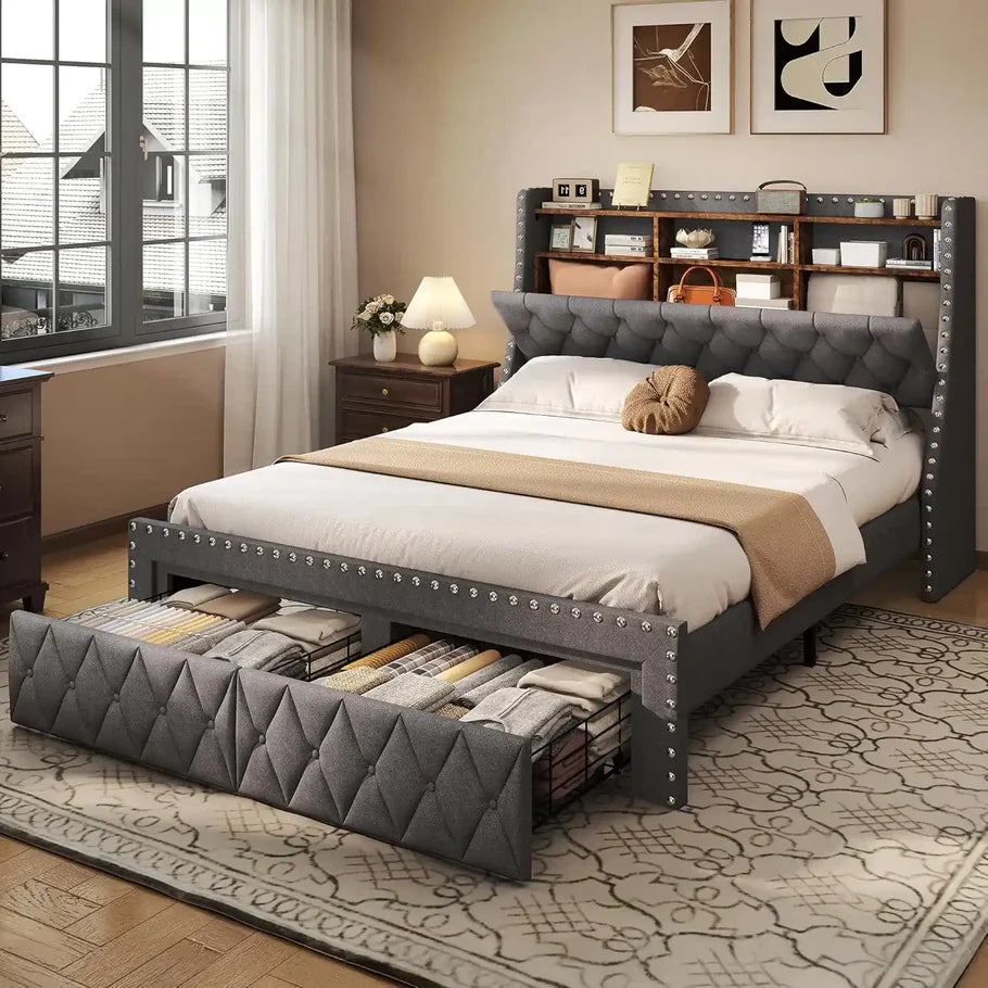 Heavy Duty QUEEN Size Bed Frame with Storage and Upholstered Headboard
