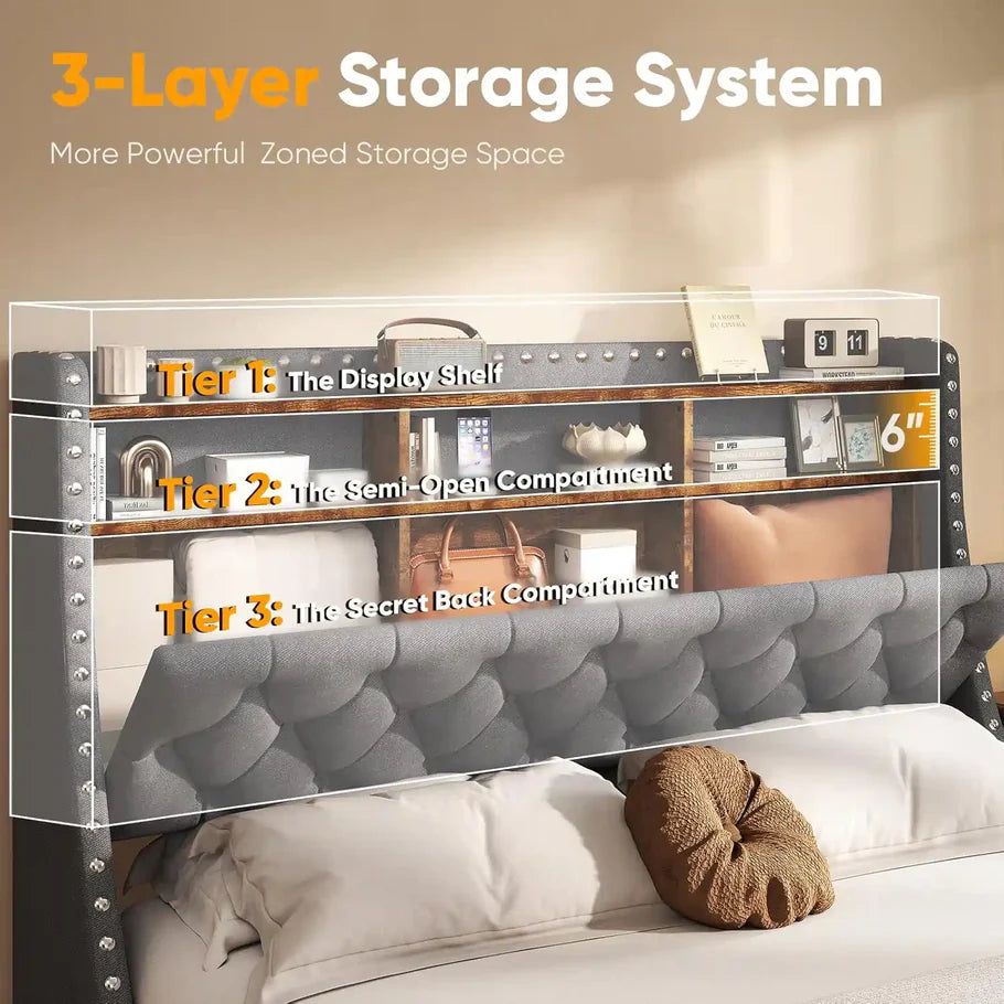 Heavy Duty QUEEN Size Bed Frame with Storage and Upholstered Headboard