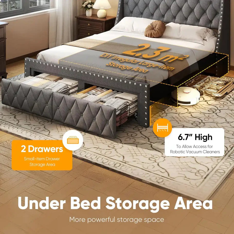 Heavy Duty QUEEN Size Bed Frame with Storage and Upholstered Headboard