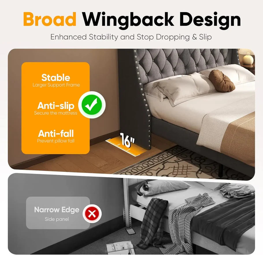 Heavy Duty QUEEN Size Bed Frame with Storage and Upholstered Headboard