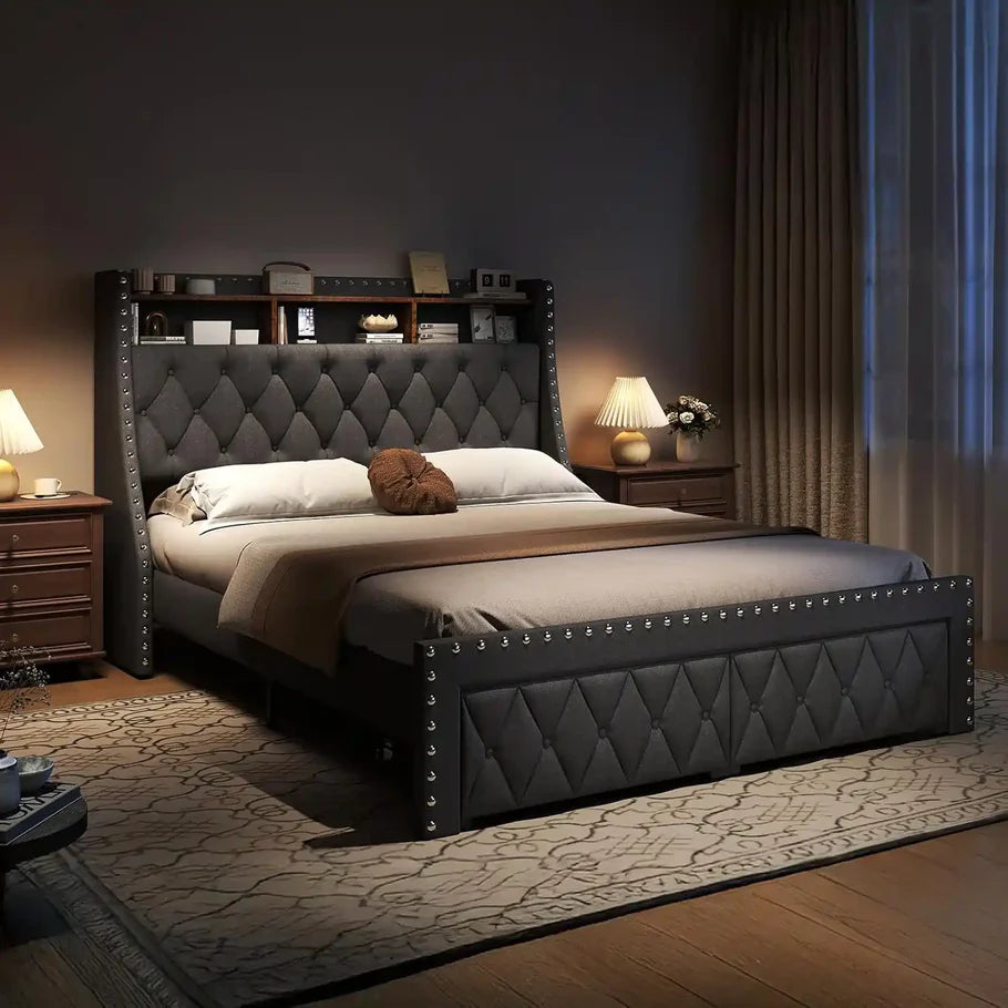 Heavy Duty QUEEN Size Bed Frame with Storage and Upholstered Headboard