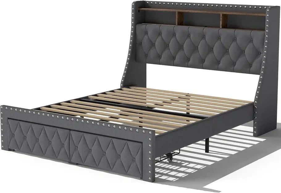 Heavy Duty QUEEN Size Bed Frame with Storage and Upholstered Headboard