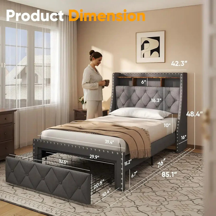 Heavy Duty TWIN Size Bed Frame with Storage and Upholstered Headboard