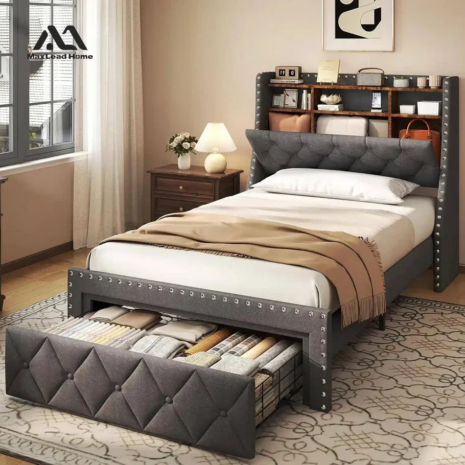 Heavy Duty TWIN Size Bed Frame with Storage and Upholstered Headboard