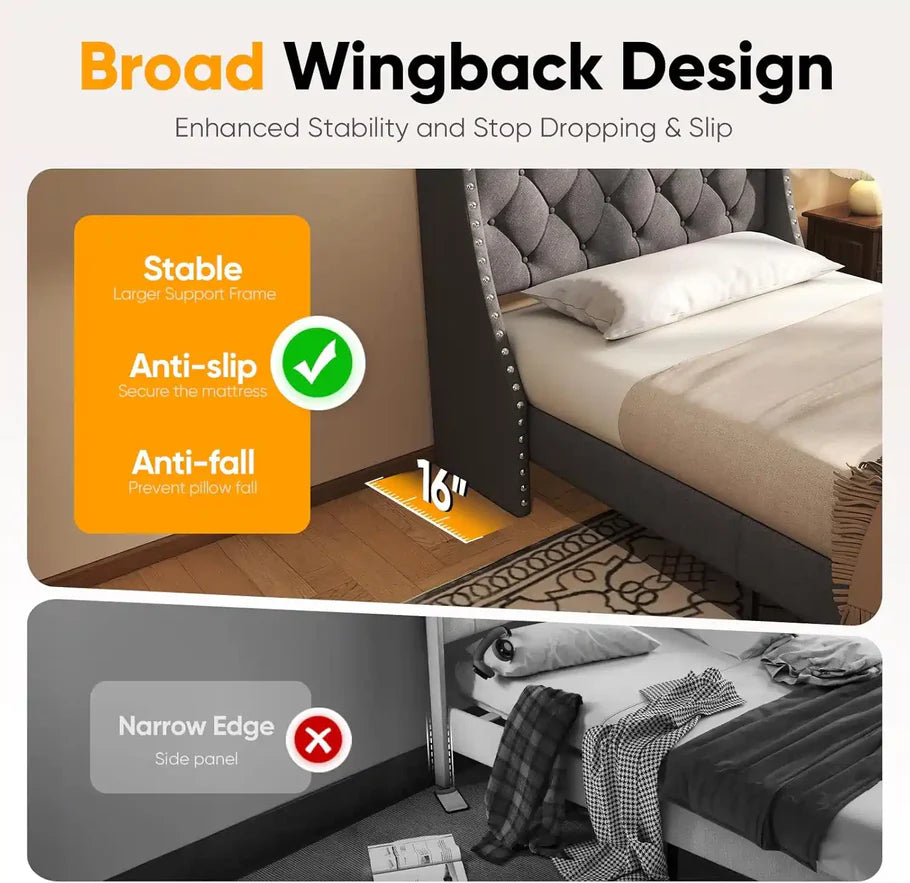 Heavy Duty TWIN Size Bed Frame with Storage and Upholstered Headboard