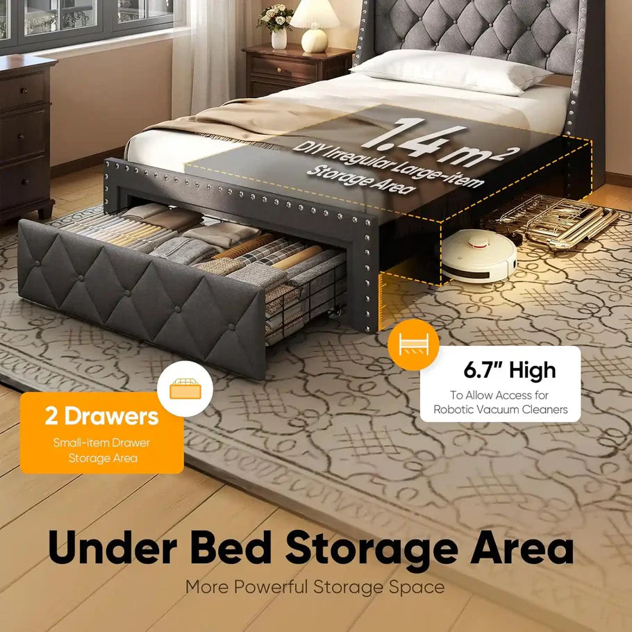 Heavy Duty TWIN Size Bed Frame with Storage and Upholstered Headboard