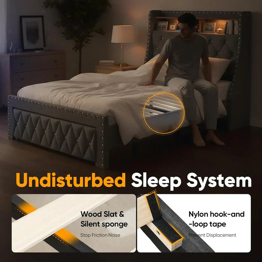 Heavy Duty TWIN Size Bed Frame with Storage and Upholstered Headboard