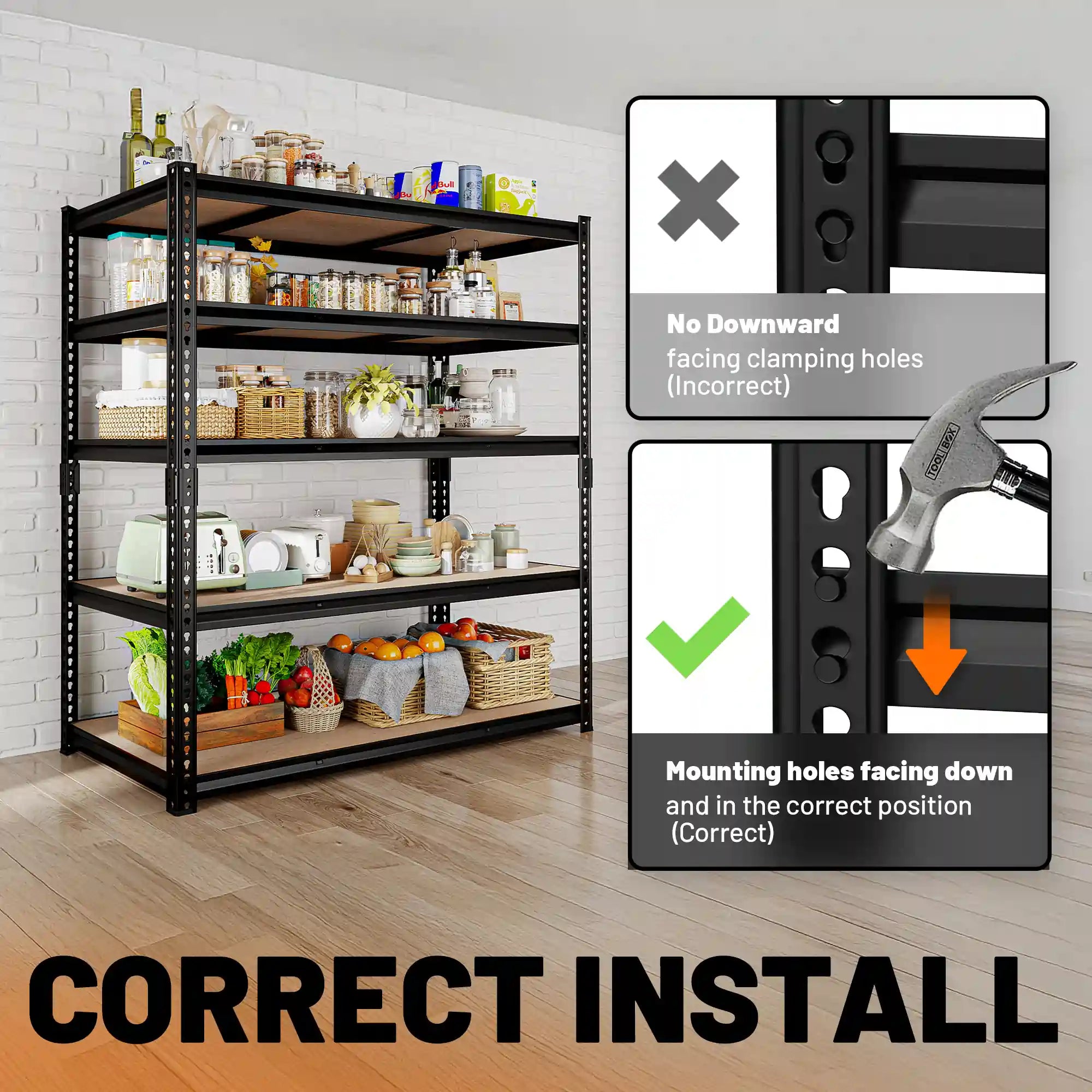 Storage rack with correct and incorrect mounting hole explanations#size_72"H*24"D*48"W