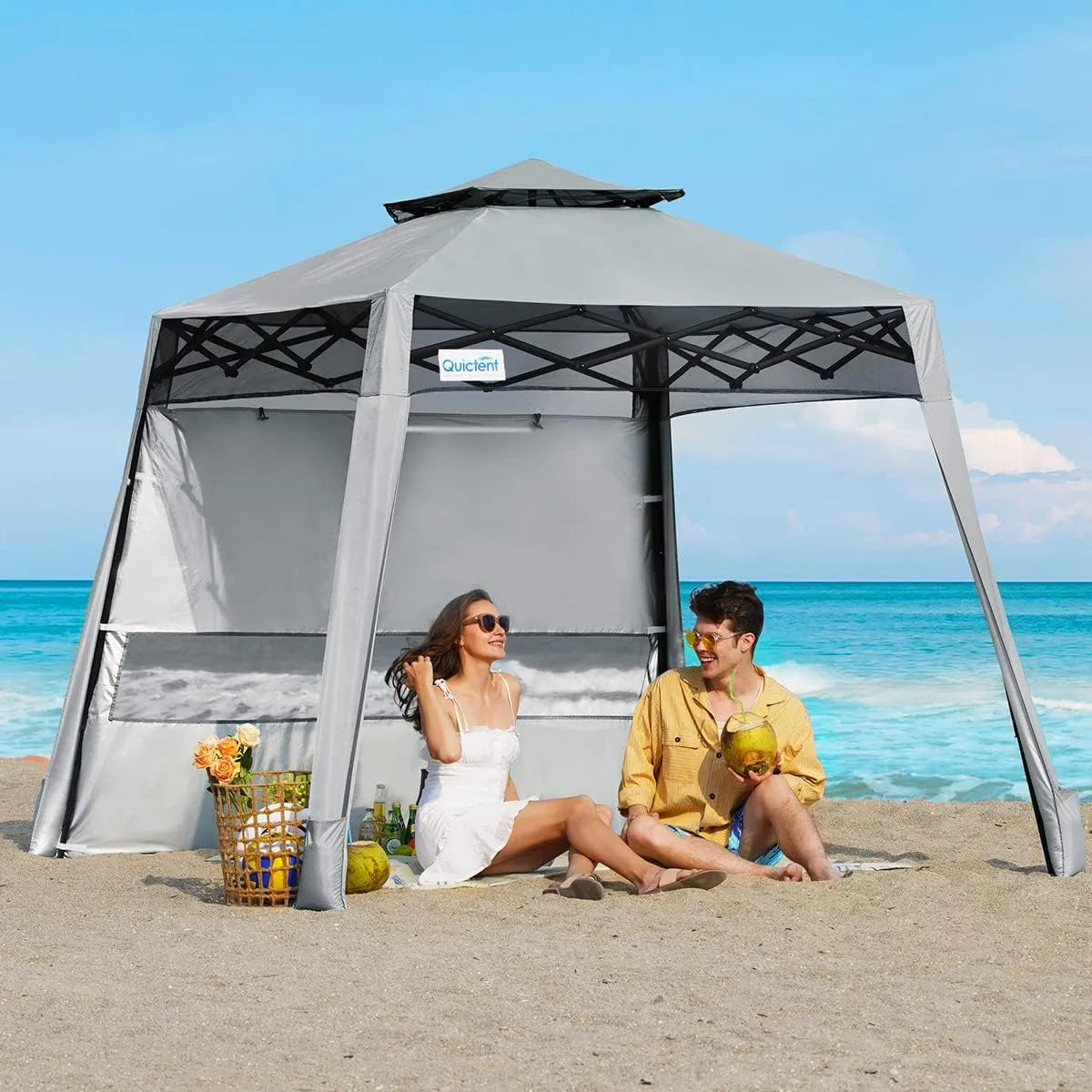 10x10 Gray  Portable Pop up Canopy Tent#color_Gray w/ 1 Sidewall