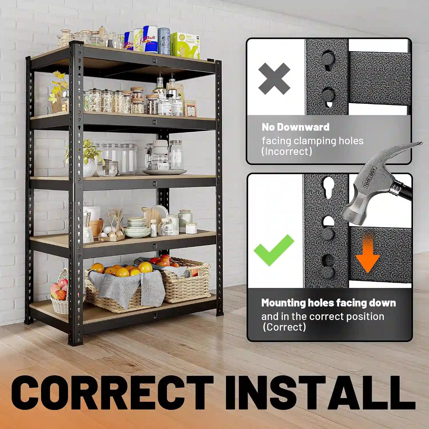 Storage rack showing correct and incorrect installation methods#size_60"H*12"D*28"W(2pcs)