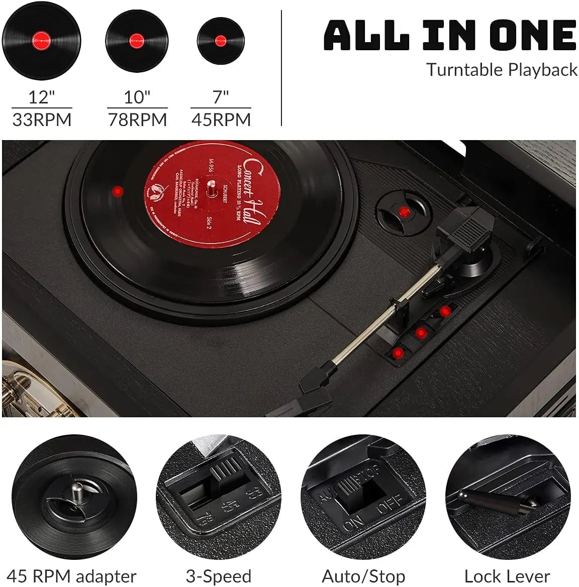record player supports 33/45/78 RPM speeds in 7”/10”/12” sizes#color_black