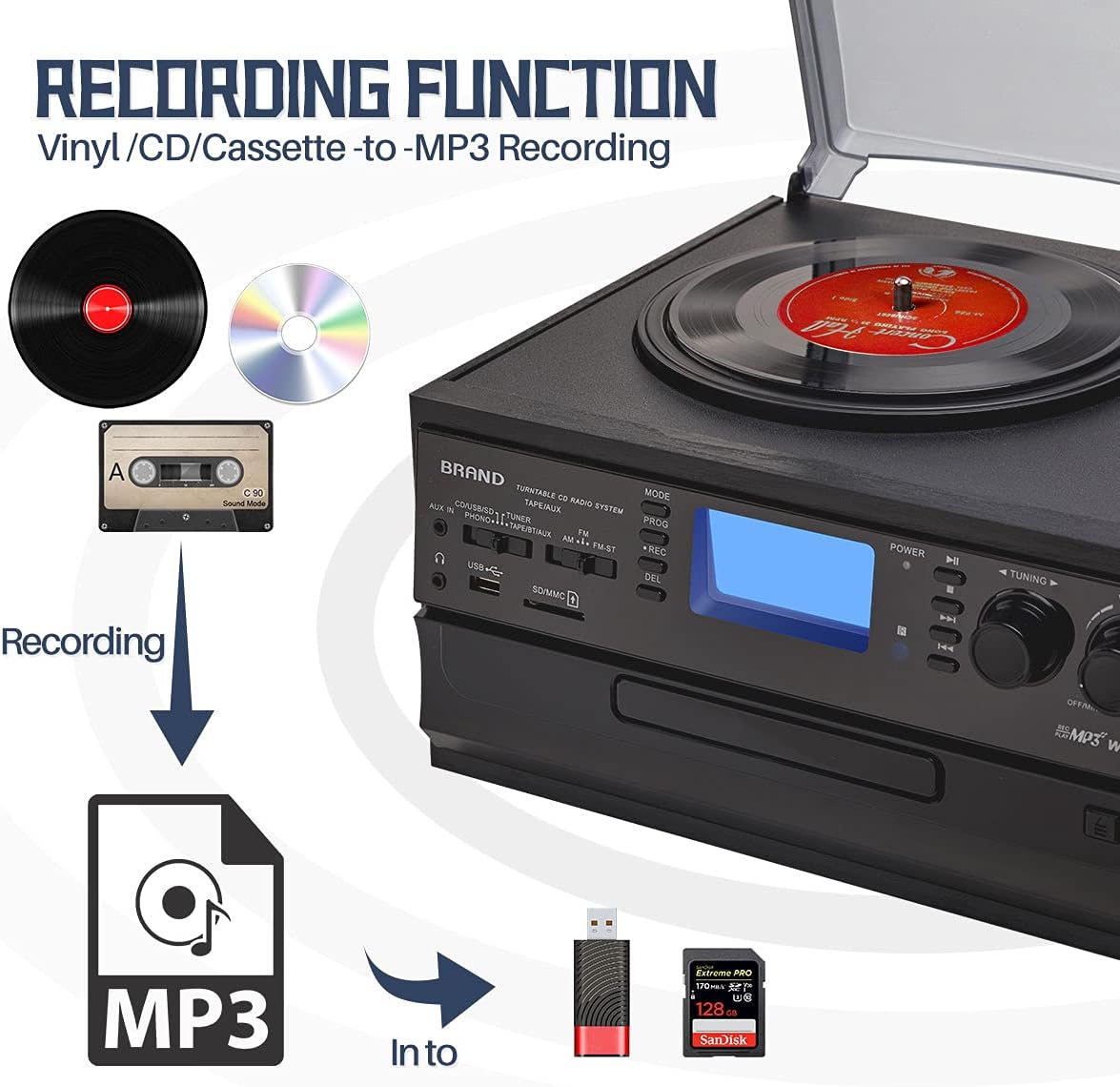 Multifunctional Vinyl Turntable Record Player#color_black