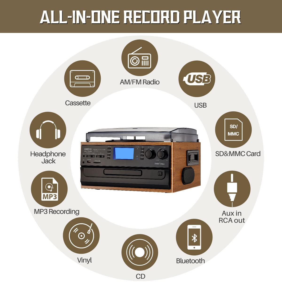 ORCC 10-in-1 Portable Bluetooth Vinyl Turntable | Zupapa