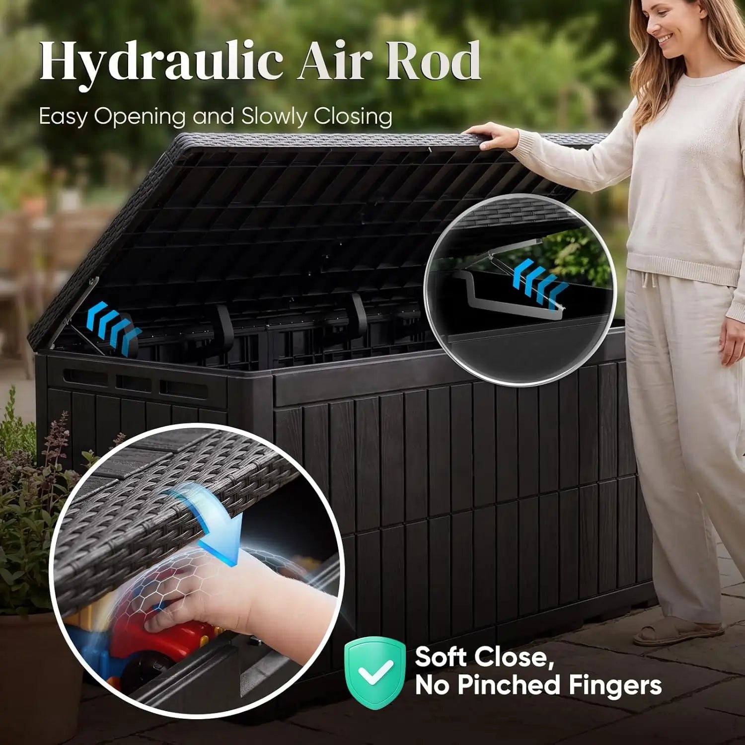 Black storage box with hydraulic air rod mechanism#size_220 Gallon