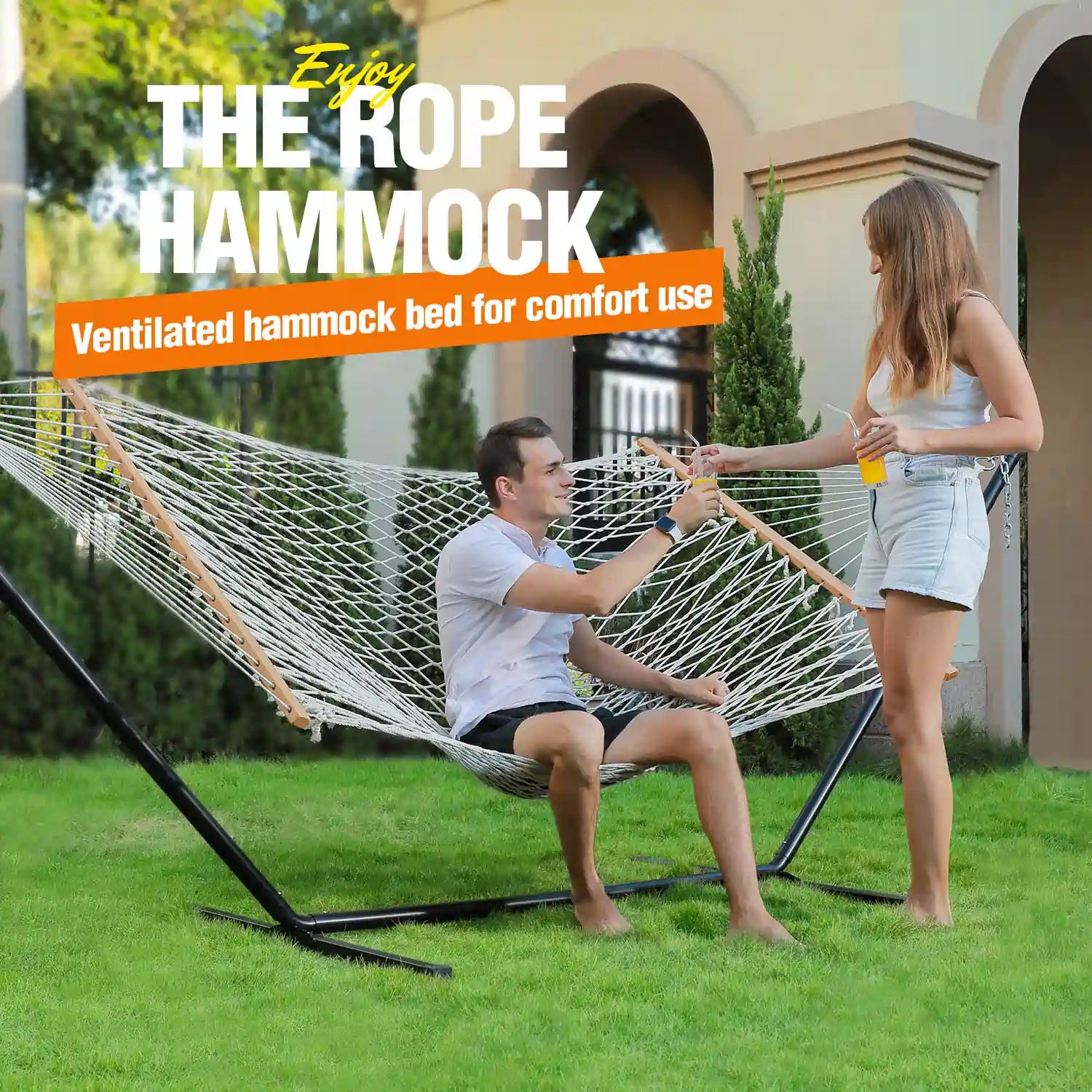 Zupapa Cotton Rope Pad Hammock with Stand 450lbs Capacity Indoor Outdoor Use 12 Feet Hammock Stand