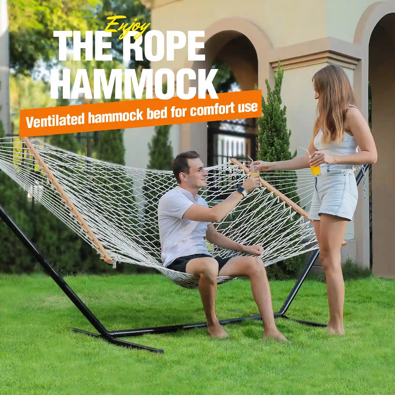 Rope Hammock With Stand#color_Red Gold Stripe