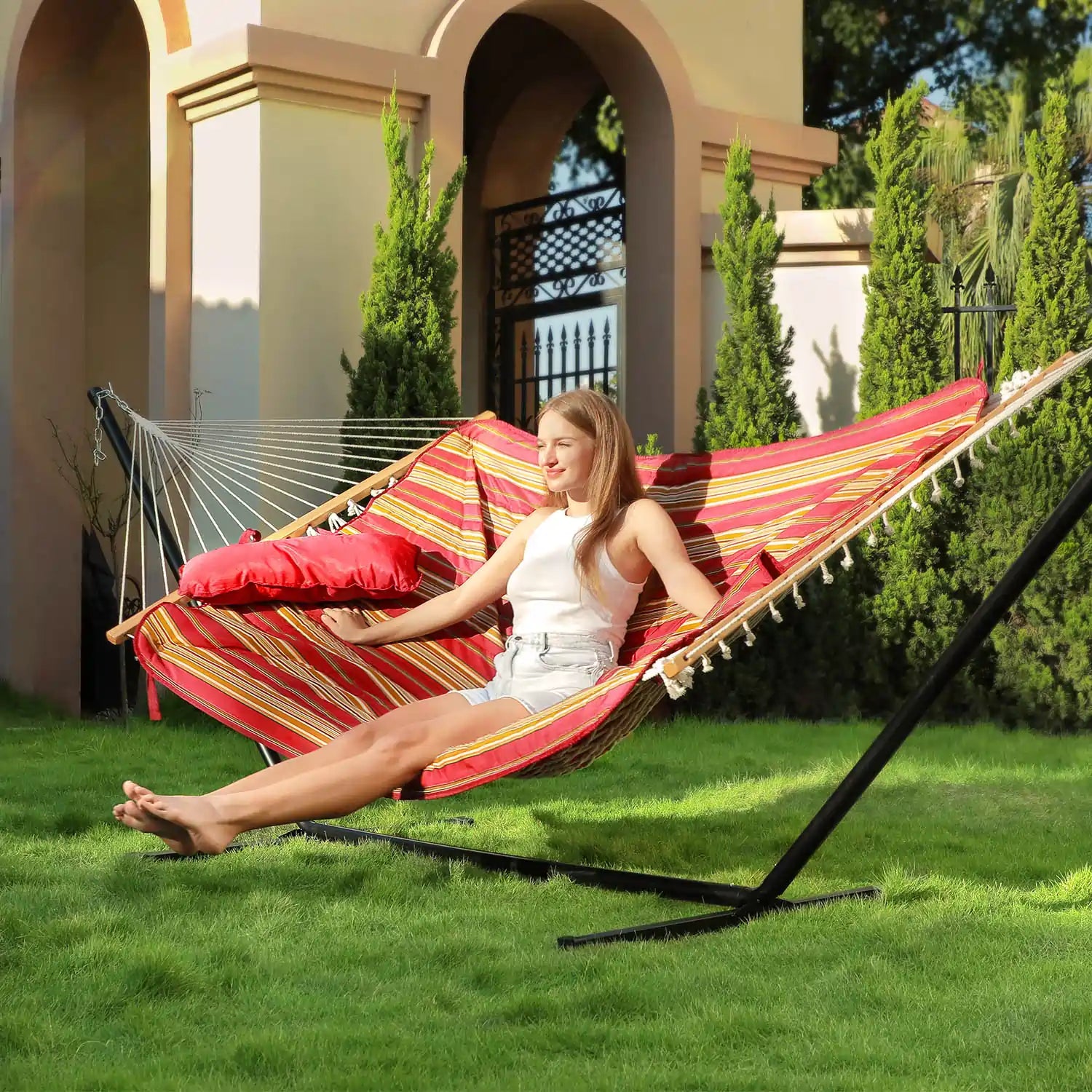 Hammock Bed With Stand Handbag#color_Red Gold Stripe