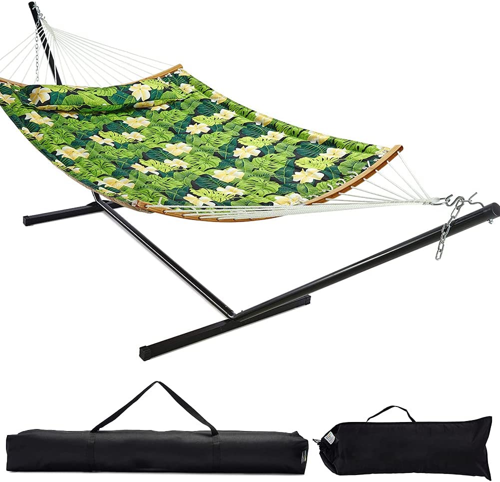 12 FT Curved Bar Hammock with Stand - Green Leaves and Flowers