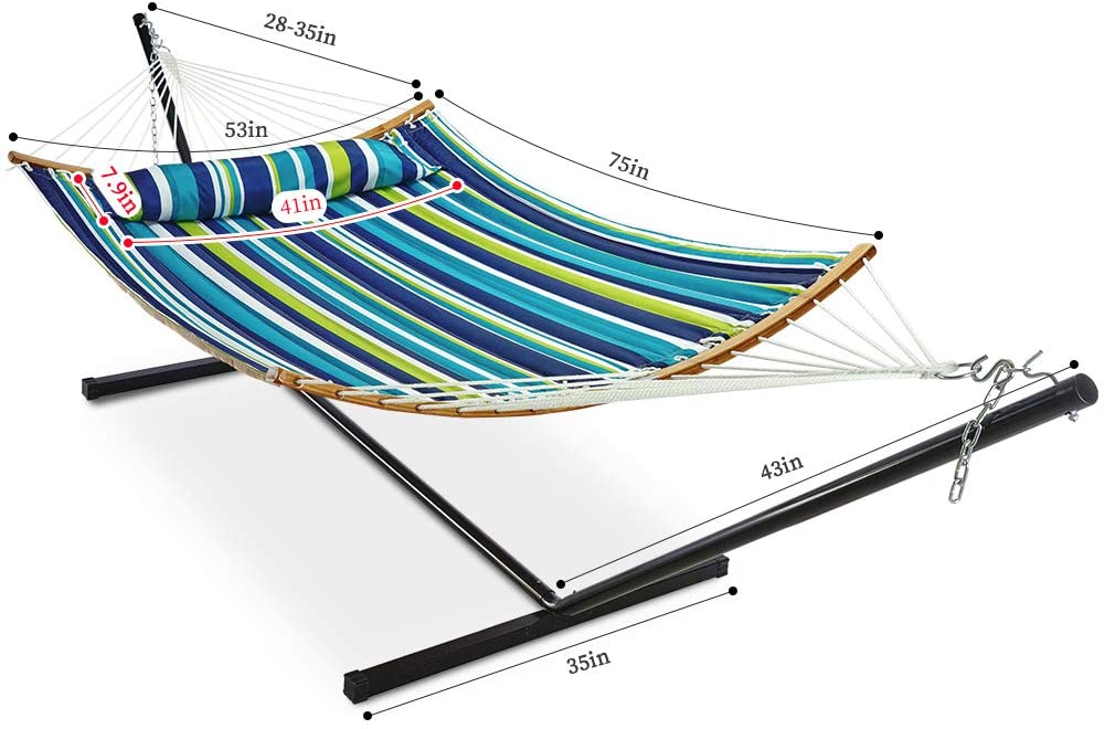 12 FT Curved Bar Hammock with Stand - Blue Green Stripes