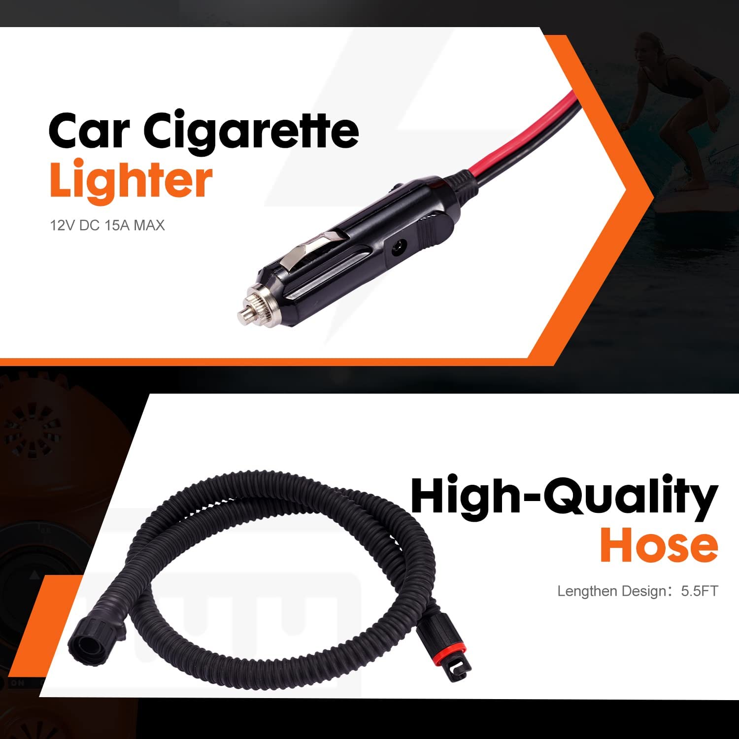 Paddle Board ‎Air Pump - Lighter Car Cigarette, High-Quality Hose