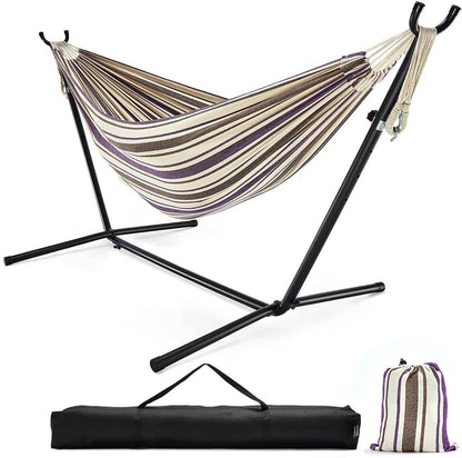 Double Hammock with Stand - Purple and Tan Stripes